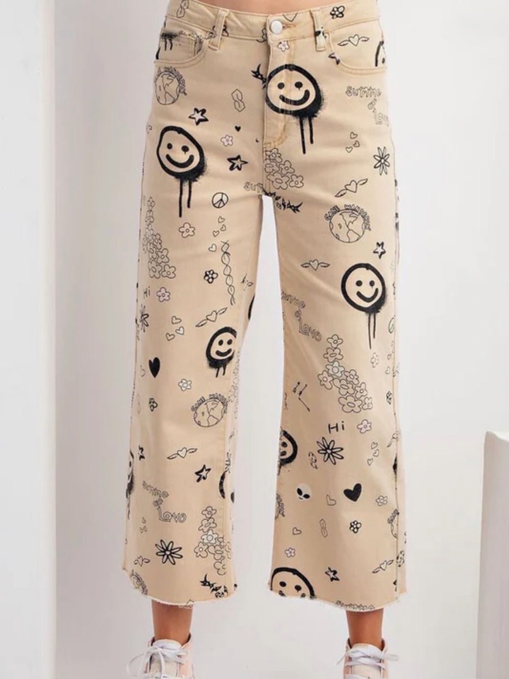 easel Beige Graphic Wide-Leg Pants with Black Doodles